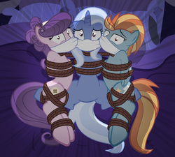 Size: 1024x922 | Tagged: safe, artist:radiantrealm, lightning dust, suri polomare, trixie, earth pony, pegasus, pony, unicorn, g4, bed, bondage, bound and gagged, cloth gag, female, femsub, gag, help us, jackpot, lightningsub, looking at you, mare, over the nose gag, punish the villain, punishment, ropes, scared, show accurate, spread legs, submissive, the weak and powerless trixie, tied up, trixsub