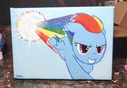 Size: 754x521 | Tagged: safe, artist:stripeybelly, rainbow dash, g4, acrylic painting, female, painting, solo, sonic rainboom, traditional art