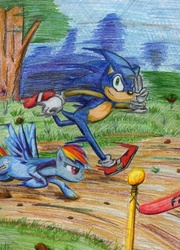 Size: 691x960 | Tagged: safe, artist:euphoricsparks, rainbow dash, g4, crossover, race, sonic the hedgehog, sonic the hedgehog (series), traditional art