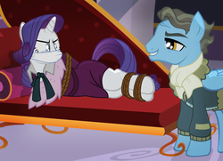 Size: 2328x1682 | Tagged: dead source, safe, artist:radiantrealm, rarity, wind rider, g4, rarity investigates, bad end, bondage, cloth gag, commission, detective, detective rarity, fainting couch, gag, rope, show accurate, story in the source, tied up