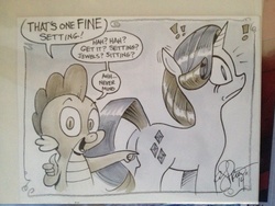 Size: 780x585 | Tagged: safe, artist:andy price, rarity, spike, g4, andy you magnificent bastard, butt, dialogue, embarrassed, exclamation point, female, limited palette, male, plot, pun, ship:sparity, shipping, speech bubble, straight, traditional art