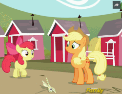 Size: 559x429 | Tagged: safe, screencap, apple bloom, applejack, earth pony, pony, brotherhooves social, g4, adorabloom, animated, bouncing, cute, discovery family logo, female, pronking, sweet apple acres
