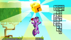 Size: 1366x768 | Tagged: dead source, safe, artist:yalcahoon, twilight sparkle, g4, cipher, crossover, cube, female, fez, fez (video game), hat, hidden message, solo, video game