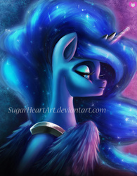 Size: 600x769 | Tagged: safe, artist:sugarheartart, edit, princess luna, g4, bust, female, frown, fuzzy wings, human lips, lidded eyes, looking at you, looking back, portrait, solo, unamused, watermark