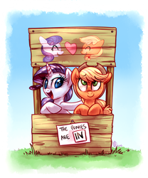 Size: 3500x4200 | Tagged: safe, artist:whitediamonds, applejack, rarity, earth pony, pony, unicorn, rarijack daily, g4, made in manehattan, season 5, ^^, booth, cute, duo, eyes closed, female, friendship advice, heart, high res, lesbian, looking at you, looking up, lucy's advice booth, mare, open mouth, peanuts, reference, ship:rarijack, shipping, smiling