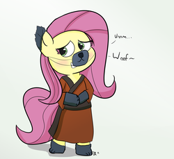 Size: 3007x2760 | Tagged: safe, artist:davierocket, fluttershy, anthro, g4, blushing, clothes, costume, dog ears, female, high res, mask, nightmare night costume, simple background, solo