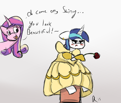 Size: 2863x2436 | Tagged: safe, artist:davierocket, princess cadance, shining armor, g4, beauty and the beast, belle, blushing, clothes, crossdressing, crossover, earring, gloves, grumpy, high res, lipstick, piercing, rose, simple background, sitting