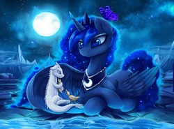 Size: 4600x3400 | Tagged: safe, artist:magnaluna, princess luna, alicorn, butterfly, draconequus, eastern dragon, pony, crossed legs, duckling, female, mare, moon, night, prone, smiling