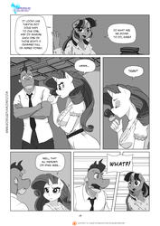 Size: 1200x1697 | Tagged: safe, artist:pia-sama, rarity, spike, twilight sparkle, anthro, comic:rogue diamond, g4, collarbone, comic, monochrome, older, older spike