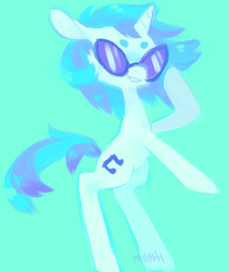 Size: 729x864 | Tagged: safe, artist:miinti, dj pon-3, vinyl scratch, pony, unicorn, g4, beanbrows, bipedal, eyebrows, female, glasses, green background, simple background, solo