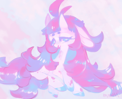 Size: 1215x987 | Tagged: safe, artist:miinti, oc, oc only, oc:candy blood, original species, pony, beanbrows, eyebrows, floppy ears, horns, long hair, solo