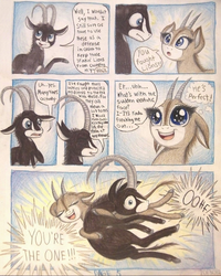 Size: 1080x1348 | Tagged: safe, artist:thefriendlyelephant, oc, oc only, oc:sabe, oc:uganda, antelope, giant sable antelope, comic:sable story, animal in mlp form, cloven hooves, comic, dialogue, duo, excited, glomp, horns, smiling, speech bubble, that escalated quickly, thought bubble, traditional art