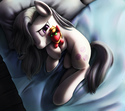 Size: 1350x1197 | Tagged: safe, artist:chryseum, big macintosh, marble pie, earth pony, pony, g4, bed, cute, doll, female, fluffy, hug, lidded eyes, male, marblebetes, mare, on side, plushie, ship:marblemac, shipping, smiling, solo, squishy cheeks, stallion, straight, toy