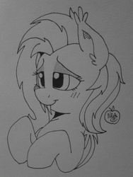 Size: 960x1280 | Tagged: safe, artist:notenoughapples, fluttershy, bat pony, pony, g4, bedroom eyes, blushing, female, flutterbat, monochrome, solo