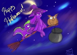 Size: 1533x1085 | Tagged: safe, artist:post-it, owlowiscious, spike, twilight sparkle, alicorn, pony, g4, broom, cloud, crescent moon, female, flying, flying broomstick, group, halloween, hat, kettle, mare, moon, scared, sitting, stars, twilight sparkle (alicorn), witch hat
