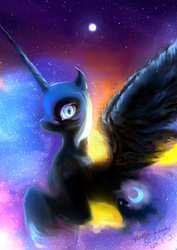 Size: 1000x1412 | Tagged: safe, artist:shakuchan, nightmare moon, alicorn, pony, g4, female, flying, looking at you, moon, night, solo, stars