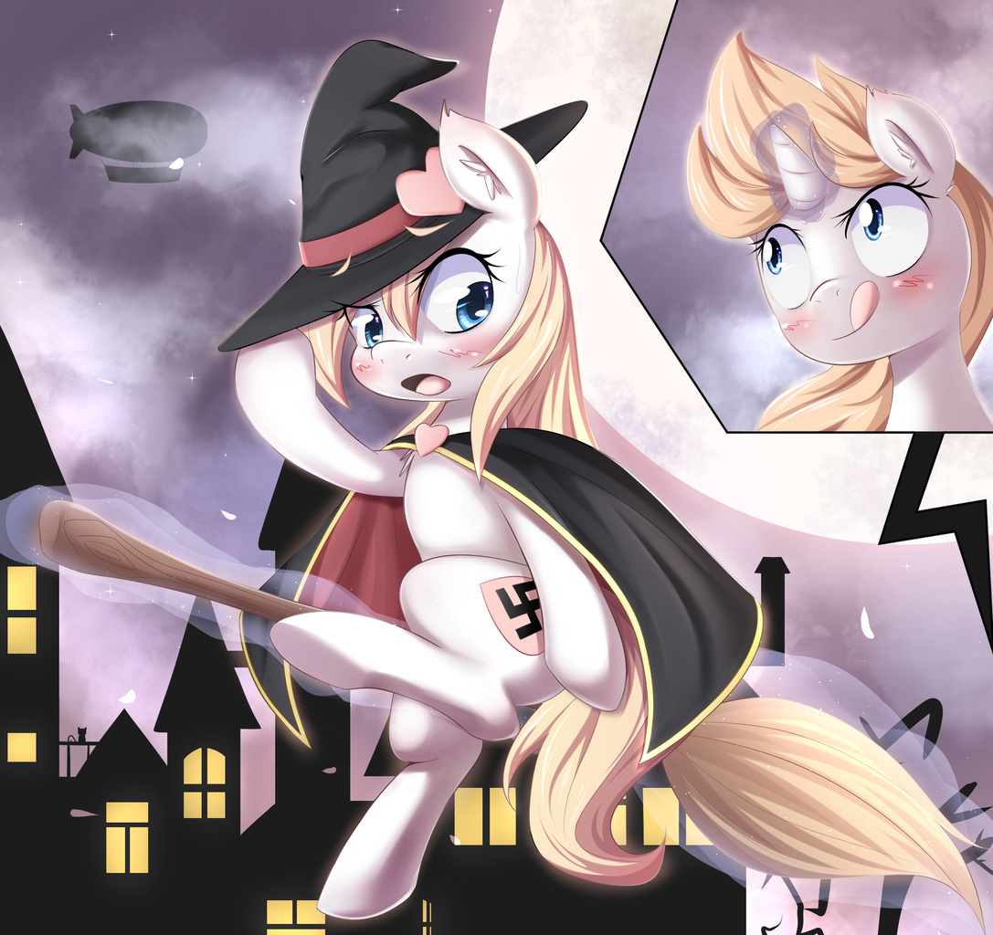 1012484 - safe, artist:aryanne, oc, oc only, oc:aryanne, oc:franziska, bat,  cat, earth pony, pony, unicorn, aryan, aryan pony, aryanbetes, blonde,  blushing, broom, cloak, clothes, comic, crest, cute, female, flying, flying  broomstick, fog,