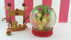 Size: 1600x900 | Tagged: safe, artist:mandapandatoycollector, applejack, g4, apple, customized toy, glitter, hat, irl, photo, ribbon, snow globe, toy, tree, youtube link