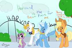 Size: 1024x683 | Tagged: safe, artist:lynchristina, applejack, prince blueblood, rarity, spike, trixie, pony, unicorn, g4, female, harvard university, legally blonde, mare, parody