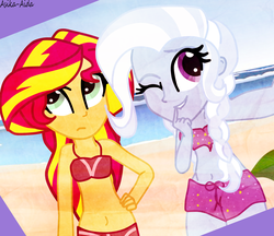 Size: 2082x1802 | Tagged: safe, artist:asika-aida, sunset shimmer, trixie, equestria girls, g4, beach, belly button, selfie