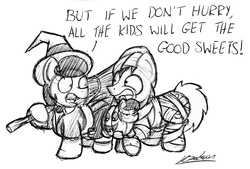 Size: 1780x1201 | Tagged: safe, artist:bobthedalek, octavia melody, oc, oc:mixed melody, oc:octavia's father, oc:octavia's mother, oc:ostinato melody, earth pony, pony, g4, black and white, clothes, costume, duo, female, filly, grayscale, monochrome, mummy, nightmare night, octavia is not amused, pumpkin, unamused, witch