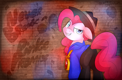 Size: 4200x2759 | Tagged: safe, artist:scarlet-spectrum, pinkie pie, g4, testing testing 1-2-3, clothes, female, graffiti, hat, looking back, pants, pinkie promise, rapper pie, solo, thug life