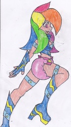 Size: 1921x3425 | Tagged: safe, artist:cuddlelamb, rainbow dash, human, g4, abdl, boots, breasts, clothes, diaper, female, fingerless gloves, gloves, humanized, non-baby in diaper, poofy diaper, solo, traditional art