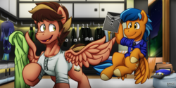 Size: 1245x622 | Tagged: safe, artist:bcpony, oc, oc only, oc:lightning rider, oc:swiftdust, pegasus, pony, mailpony, male, outfit