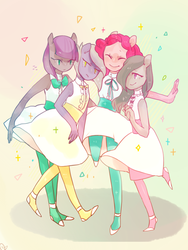 Size: 768x1024 | Tagged: safe, artist:torii, limestone pie, marble pie, maud pie, pinkie pie, earth pony, anthro, g4, ambiguous facial structure, clothes, dress, pie sisters, pixiv, sisters