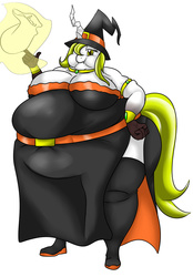 Size: 1100x1580 | Tagged: safe, artist:mad'n evil, oc, oc only, oc:aurora industry (ic), changeling, anthro, bbw, big breasts, breasts, chubby cheeks, chunkling, fat, female, halloween, huge belly, huge breasts, obese, solo, ssbbw, white changeling, witch
