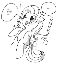 Size: 900x979 | Tagged: safe, fluttershy, pony, g4, bed, blushing, meme, on bed, pillow, pomf, what are we gonna do on the bed?