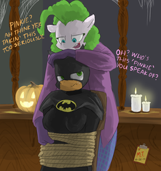 Size: 1136x1207 | Tagged: dead source, safe, artist:the-minuscule-task, applejack, pinkie pie, anthro, g4, batman, batmare, bondage, candle, clothes, costume, jack-o-lantern, joke, nightmare night, pinkie joker, the joker, tied up