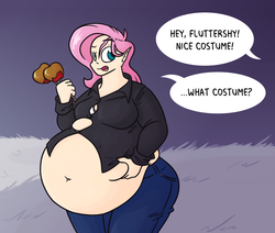 Size: 1280x1083 | Tagged: dead source, safe, artist:bigponiesinc, fluttershy, bat pony, human, vampire, ask feedee twilight, g4, bbw, belly, belly button, belly grab, big belly, candy apple, caramel apple (food), clothes, elf ears, fangs, fat, fattershy, female, flubberbat, flutterbat, food, halloween, humanized, jeans, nightmare night, obese, pants, solo