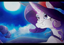 Size: 800x566 | Tagged: safe, artist:oobrushstrokeoo, rarity, g4, female, glowing horn, hat, horn, moon, night, solo, witch hat