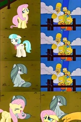 Size: 552x824 | Tagged: safe, artist:caretas, coco pommel, fluttershy, marble pie, earth pony, pegasus, pony, g4, hearthbreakers, abuse, blushing, crossover, crying, female, flutterbuse, male, mare, op is a duck, slap, the council of shy ponies, the simpsons