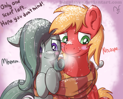 Size: 2500x2000 | Tagged: safe, artist:bugplayer, big macintosh, marble pie, earth pony, pony, g4, blushing, bugplayer is trying to murder us, clothes, cute, female, high res, male, mare, scarf, shared clothing, shared scarf, ship:marblemac, shipping, smiling, snow, stallion, straight