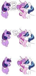 Size: 1436x3001 | Tagged: safe, artist:zoarity, princess cadance, shining armor, twilight sparkle, alicorn, pony, g4, the one where pinkie pie knows, comic, dialogue, female, implied male pregnancy, mare, seahorse reproduction, twilight sparkle (alicorn)
