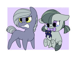 Size: 1280x975 | Tagged: safe, artist:estrill, limestone pie, marble pie, earth pony, pony, ursa minor, g4, angry, baby, baby pony, big sister instinct, cute, doll, duo, female, filly, foal, gritted teeth, limabetes, marblebetes, pacifier, plushie, sisters, teddy bear, toy, ursa plush, younger