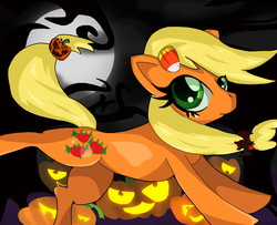 Size: 3872x3144 | Tagged: safe, artist:jonathan the awesome, derpibooru exclusive, applejack, g4, candy, candy corn, hairclip, halloween, high res, jack-o-lantern, pumpkin