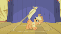 Size: 536x302 | Tagged: safe, artist:ah96, artist:andrewstillnight, edit, edited screencap, editor:ah96, screencap, apple bloom, applejack, earth pony, pony, boast busters, g4, animated, applebuse, cannibalism, disembodied head, eating, eyes closed, female, i can't believe it's not superedit, lasso, mare, not salmon, puffy cheeks, rope, smiling, swallowing, throat bulge, vore, wat