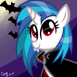 Size: 3000x3000 | Tagged: dead source, safe, artist:breezyblueyt, dj pon-3, vinyl scratch, bat, pony, unicorn, vampire, g4, cloak, clothes, cute, fangs, female, high res, horn, mare, nightmare night, red eyes, solo, vinylbetes