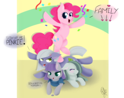 Size: 1015x800 | Tagged: safe, artist:pillonchou, boulder (g4), limestone pie, marble pie, maud pie, pinkie pie, g4, hearthbreakers, eyes closed, hair over one eye, looking at you, open mouth, pie sisters, pile, siblings, signature, sisters, speech bubble, talking, text