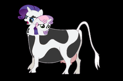 Size: 2653x1741 | Tagged: safe, rarity, sweetie belle, cow, g4, conjoined, conjoined twins, cowbelle, fusion, raricow, sisters, species swap, spell gone wrong, two heads, udder, we have become one, why