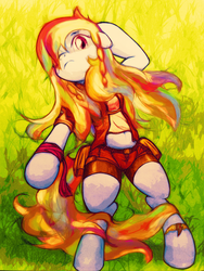 Size: 1920x2560 | Tagged: safe, artist:soortes, rainbow dash, g4, alternate hairstyle, belly button, clothes, crossover, female, grass, midriff, naughty dog, one eye closed, relaxing, shorts, solo, uncharted