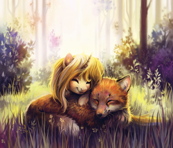 Size: 1800x1542 | Tagged: safe, artist:dearmary, oc, oc only, oc:kindly fox, fox, cuddling, cute, eyes closed, ocbetes, smiling, snuggling