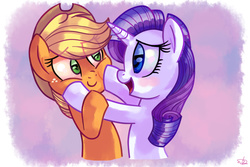 Size: 2000x1333 | Tagged: safe, artist:lightof-dawn, applejack, rarity, earth pony, pony, unicorn, g4, blushing, cowboy hat, eye contact, female, freckles, hat, lesbian, looking at each other, mare, open mouth, ship:rarijack, shipping, signature, smiling, stetson, style emulation, whitediamonds-ish