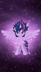 Size: 640x1136 | Tagged: artist needed, safe, edit, edited screencap, screencap, twilight sparkle, alicorn, pony, g4, alternate hairstyle, aura, dragon ball, female, frown, glare, glowing, lightning, looking at you, mare, solo, spread wings, stars, super saiyan, super saiyan princess, twilight sparkle (alicorn), wings