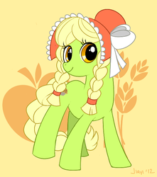 Size: 482x545 | Tagged: dead source, safe, artist:jiayi, granny smith, earth pony, pony, g4, adorasmith, bonnet, braid, cute, female, looking at you, mare, smiling, smiling at you, solo, young granny smith