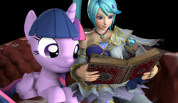 Size: 1024x593 | Tagged: safe, artist:pika-robo, twilight sparkle, alicorn, pony, g4, 3d, book, couch, crossover, cute, female, hyrule warriors, lana, mare, prone, reading, sitting, smiling, source filmmaker, the legend of zelda, twilight sparkle (alicorn)