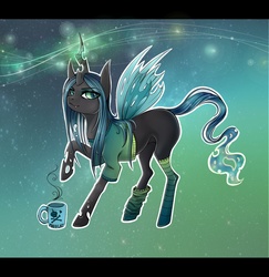 Size: 1243x1280 | Tagged: safe, artist:count_meow, queen chrysalis, changeling, changeling queen, g4, clothes, female, mug, shirt, socks, solo